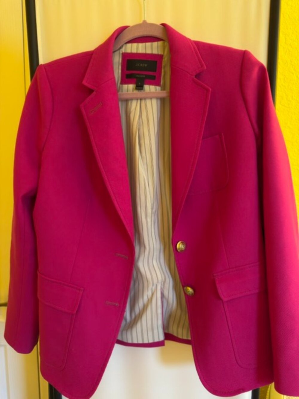 J.Crew Hot Pink/Fuchsia 100% Wool Blazer w/ Gold Buttons & Striped Lining